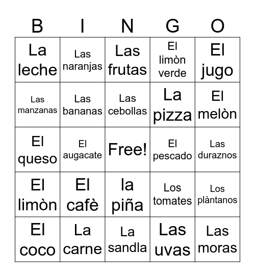 Spanish fruits Bingo Card