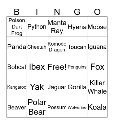 Animals Bingo Card