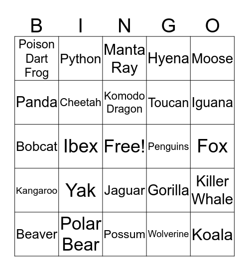 Animals Bingo Card