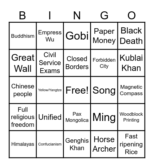 China Bingo Card