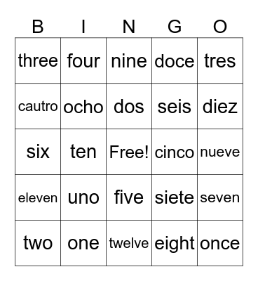 spanish numbers Bingo Card