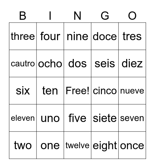 spanish numbers Bingo Card