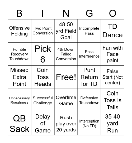 NFL Bingo! Bingo Card