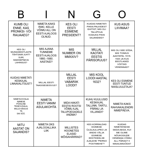 5. KLASSI AJALOO TEADMISED Bingo Card