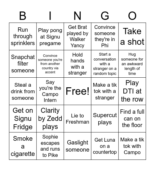 First Night of Row Bingo Card