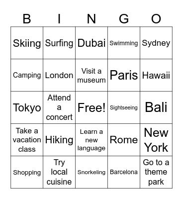 Vacation Bingo Card