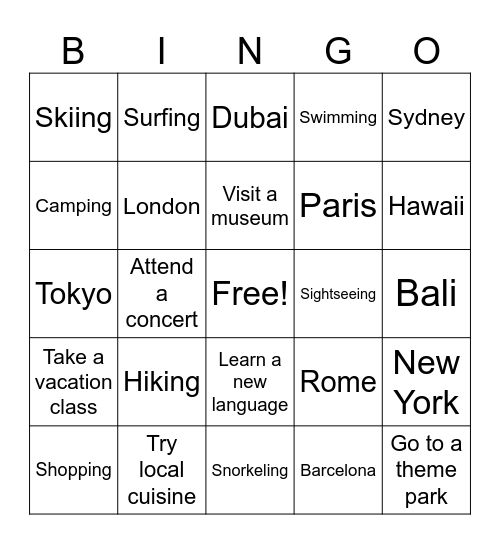 Vacation Bingo Card