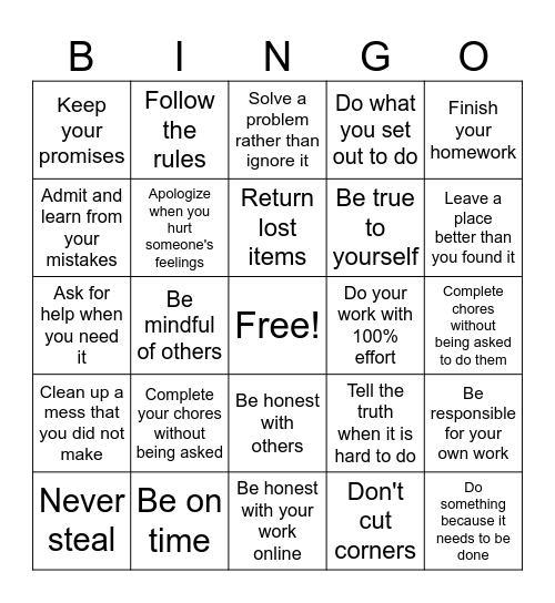 Honesty and Integrity Bingo Card