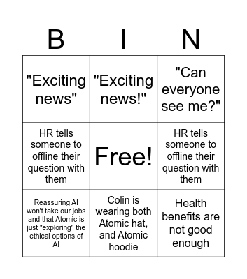 Atomic Townhall Bingo Card