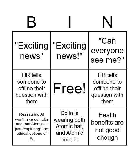 Atomic Townhall Bingo Card