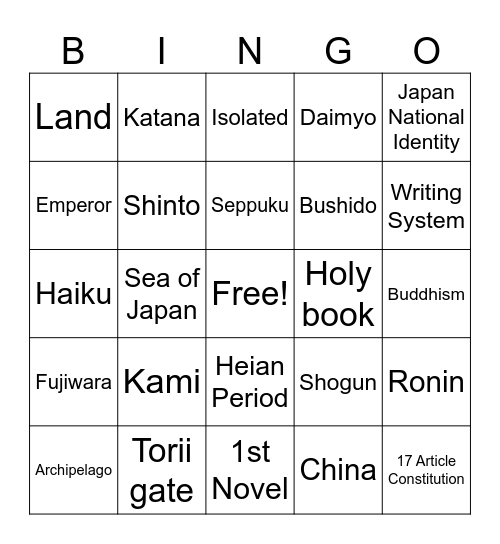 Japan Bingo Card