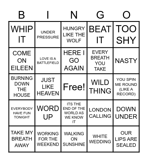 SUMMIT EVENTS 80'S MUSIC BINGO Card