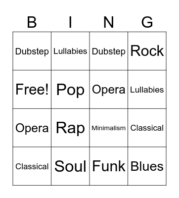 Music Genres Bingo Card