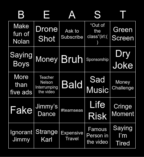 Beast Bingo Card