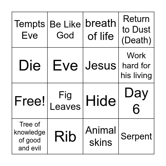 Creation of Man and Fall Bingo Card