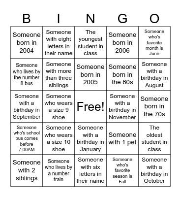 All about Me Math Bingo Card