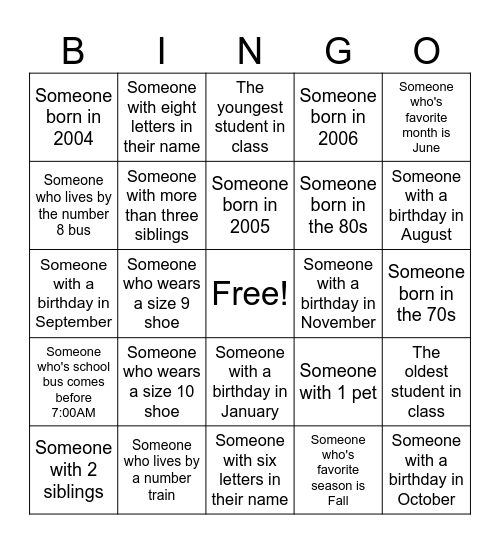 All about Me Math Bingo Card