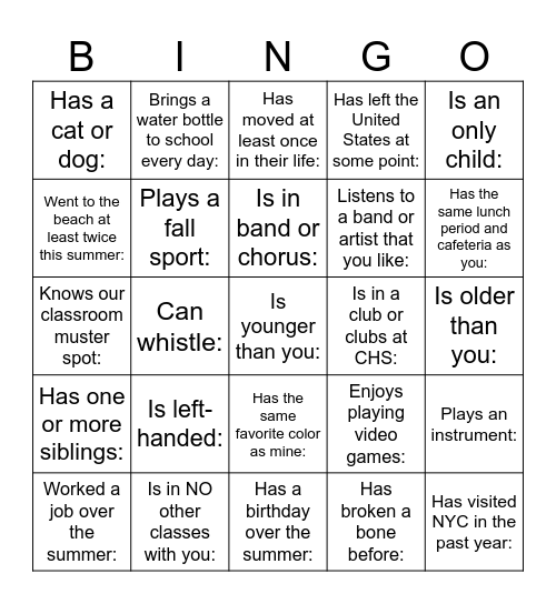 Classroom Bingo Card