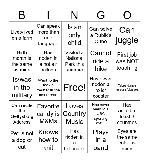 TE Fall Retreat BINGO Card