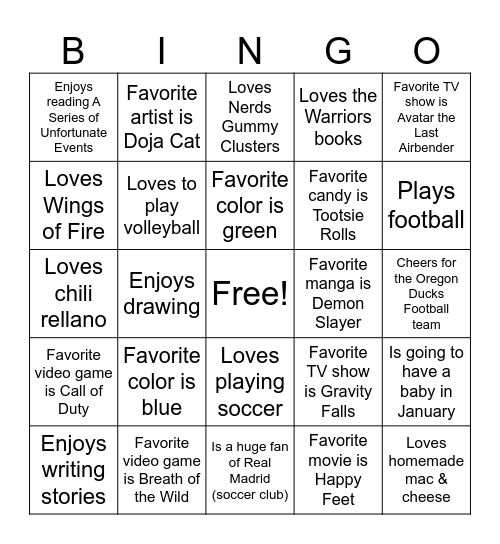 Class Bingo (per 6) Bingo Card