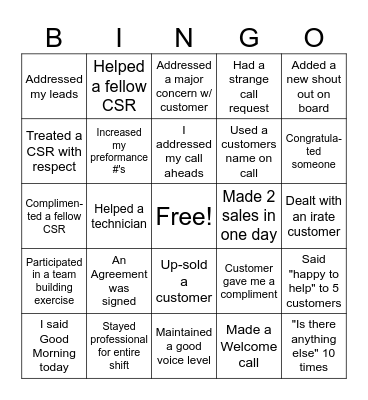 Customer Service Bingo Card