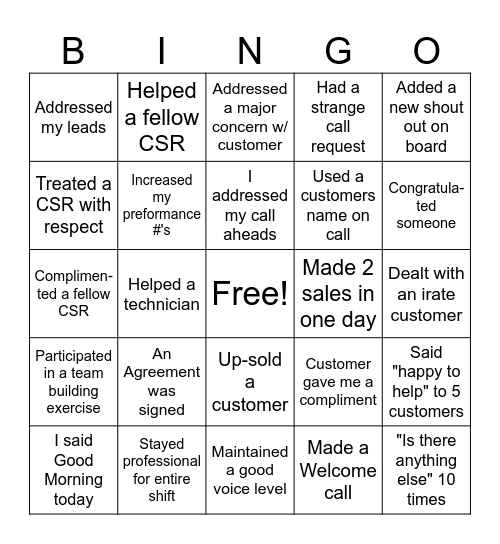 Customer Service Bingo Card