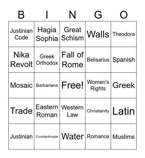 Byzantine Bingo Card