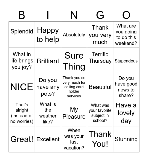 Sentiment BINGO Card