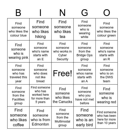 Team Event Bingo Card