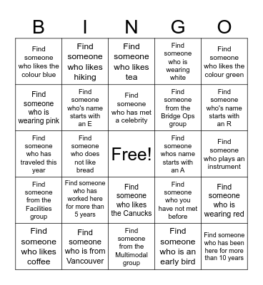 Team Event Bingo Card