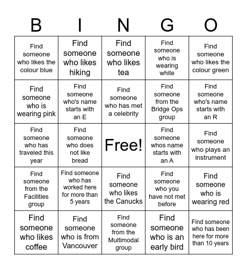 Team Event Bingo Card