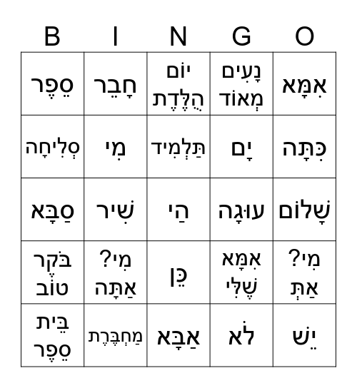 Besod HaIvrit, Unit 1 vocab. review Bingo Card
