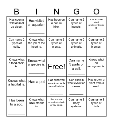 Living Environment Bingo Card