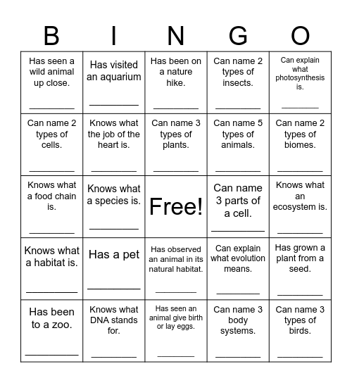 Living Environment Bingo Card