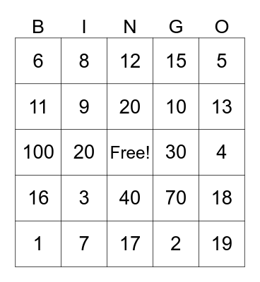 Number Review Bingo Card
