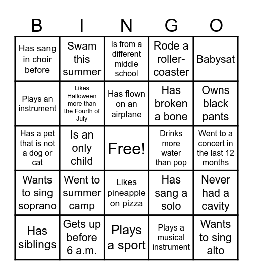 Classroom Bingo Card