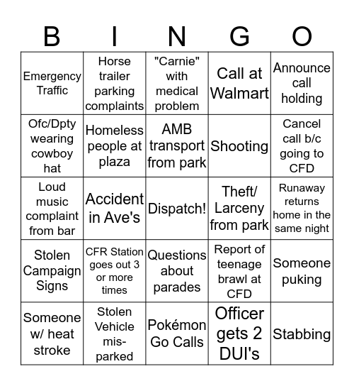 Frontier Days Bingo Card