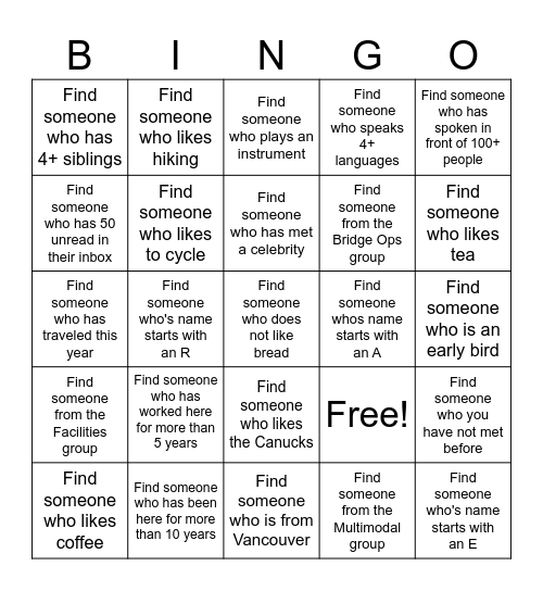 Team Event Bingo Card