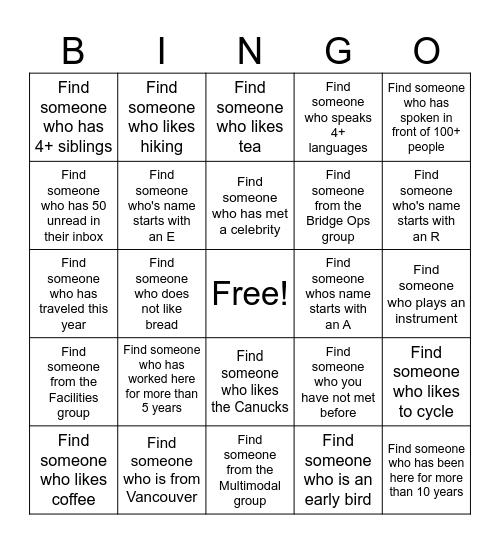 Team Event Bingo Card