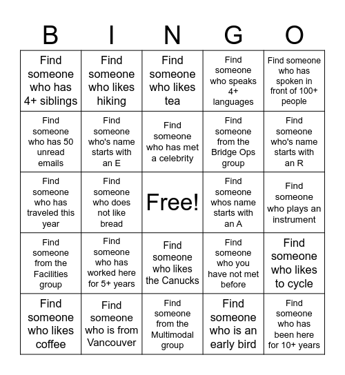 Team Event Bingo Card