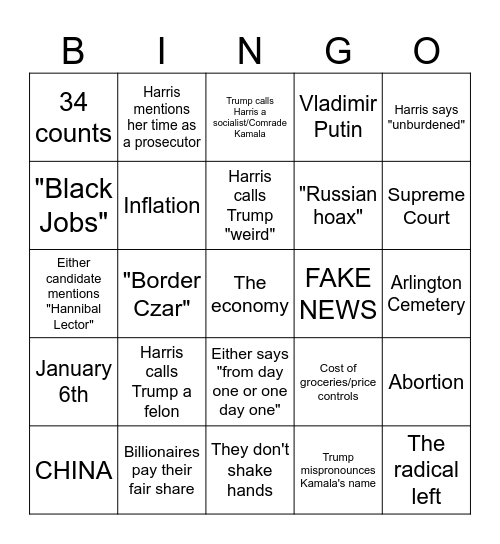 Trump vs Harris bingo card Bingo Card