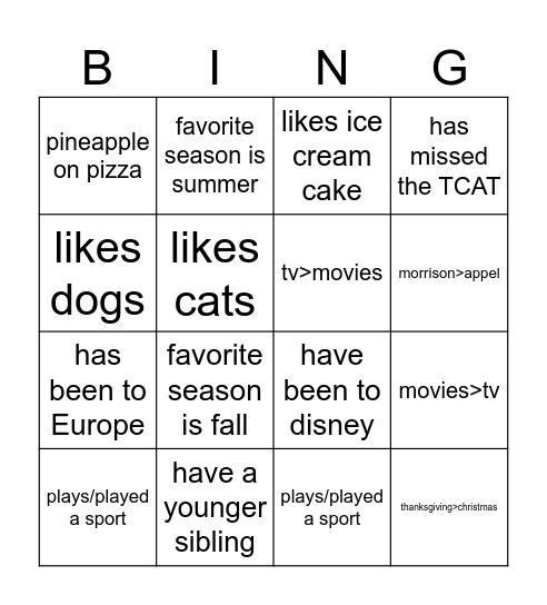 Get to Know Each Other <3 Bingo Card