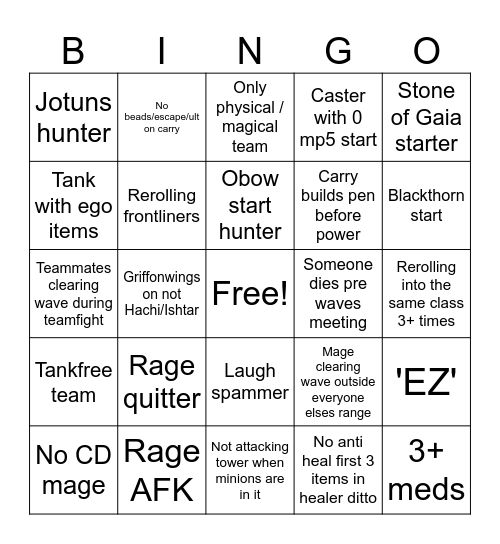 Smite Assault Bingo Card