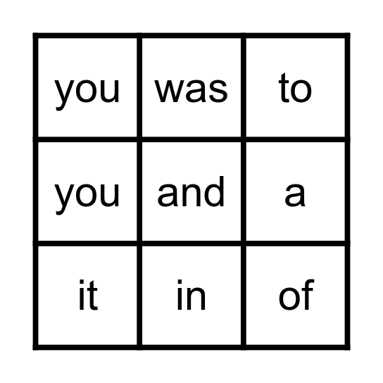sight words 1-12 Bingo Card
