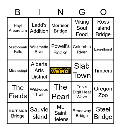 Portland, OR Bingo Card