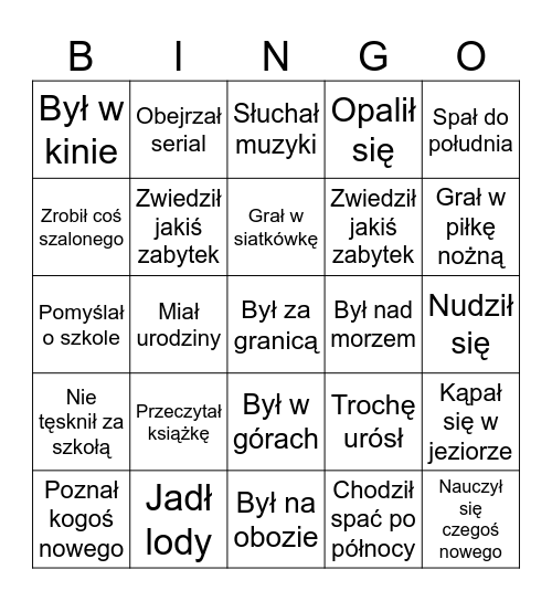 Znajdź kogoś kto w wakacje... Bingo Card