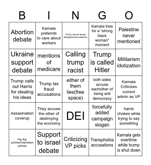 2024 presidential debate bingo Card