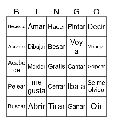 Spanish Verbs Bingo Card
