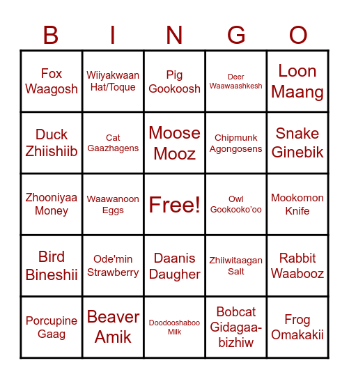 Anishinaabemowin Bingo Card