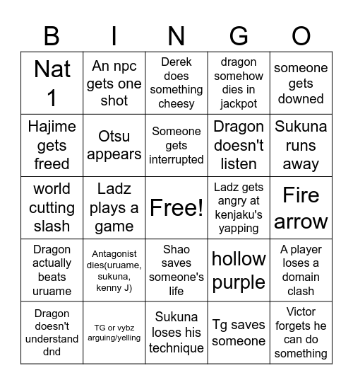 Sukuna bingo Card